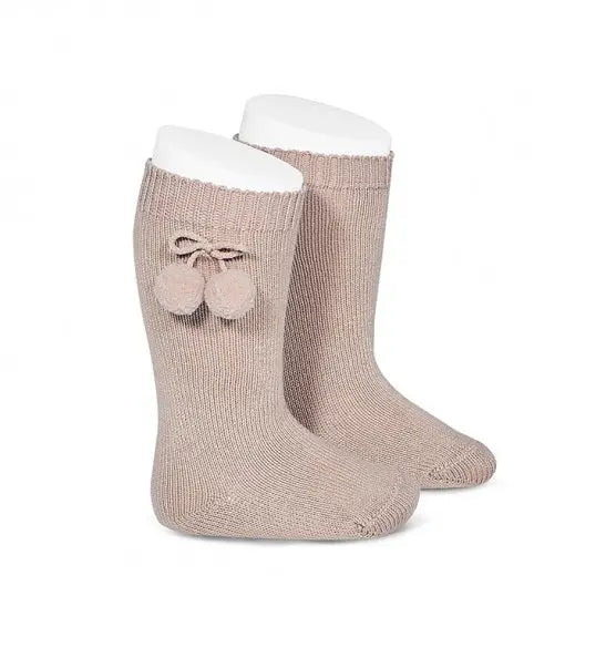 Condor Warm Cotton Knee High Socks With Pompoms Stone