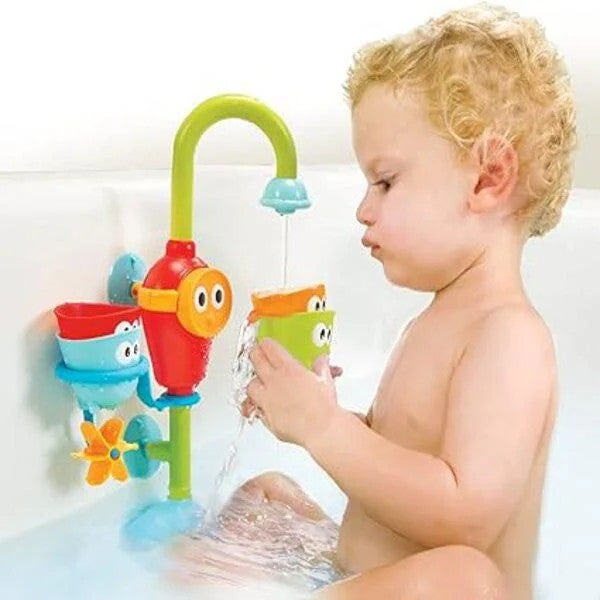 Flow N Fill Spout bath toy with multicolor cups and curved green spout