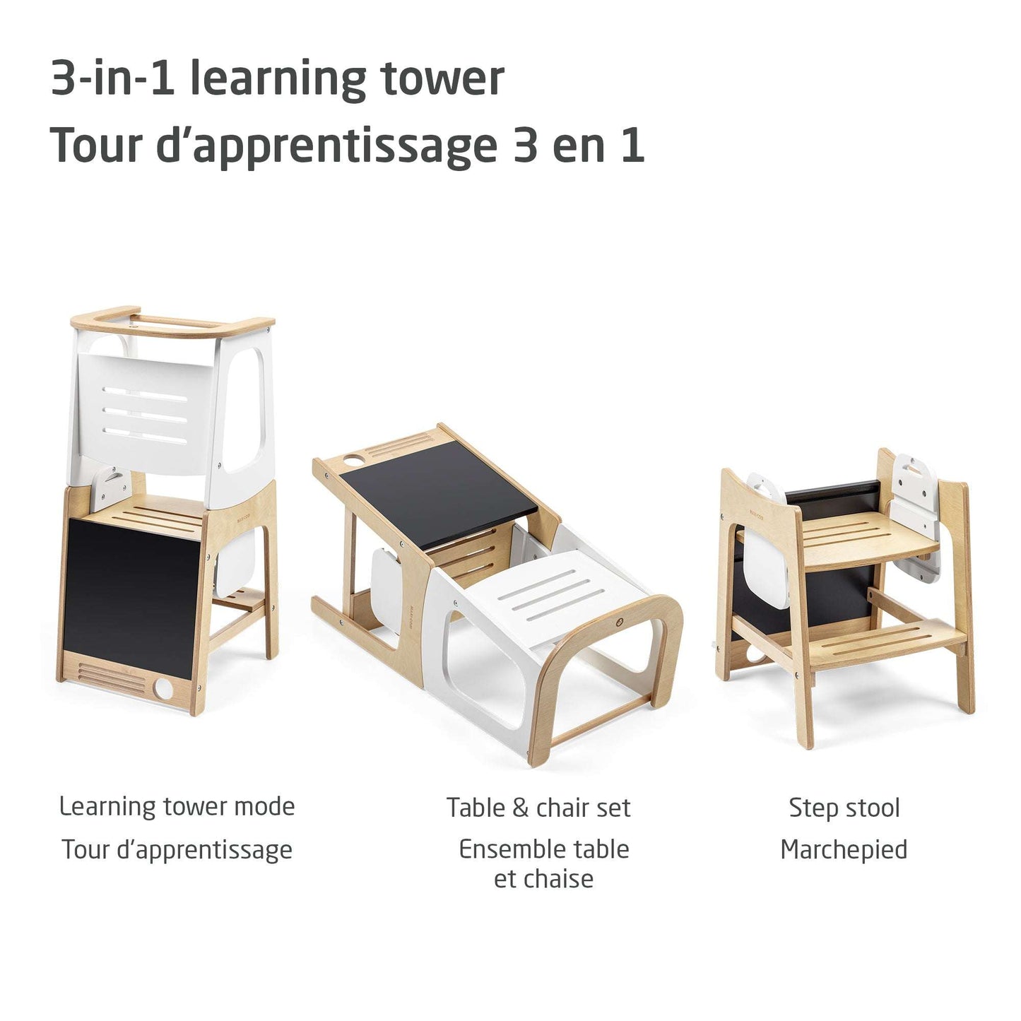 3-in-1 learning tower set: natural wood and white finish; includes learning tower, table & chair, and step stool.